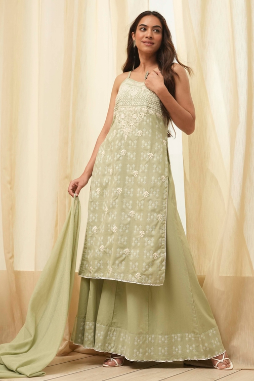 Green Cotton Floral Strappy Straight Suit Set